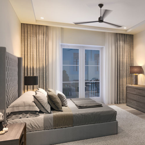 Wellington bedroom with balcony doors and soft neutral finishes