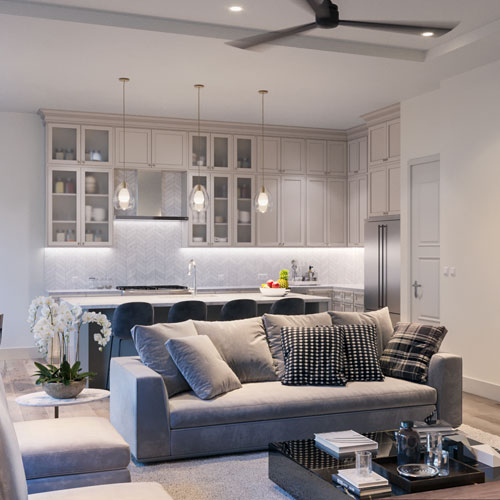 Open kitchen and living area in a Wellington townhome